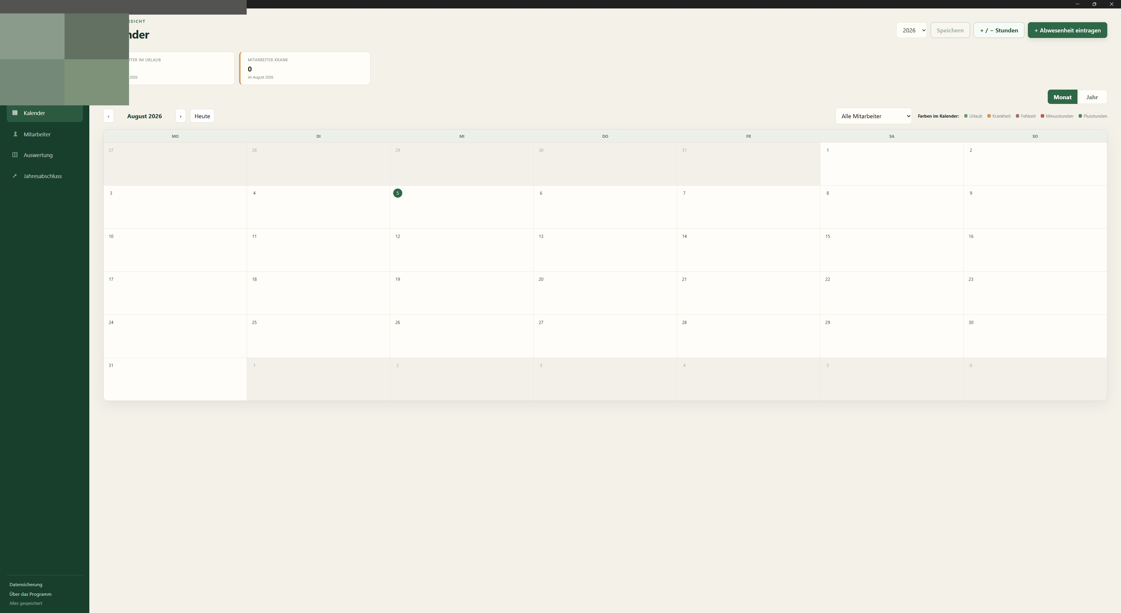 Anonymisierter Teamkalender des Urlaubsplaners